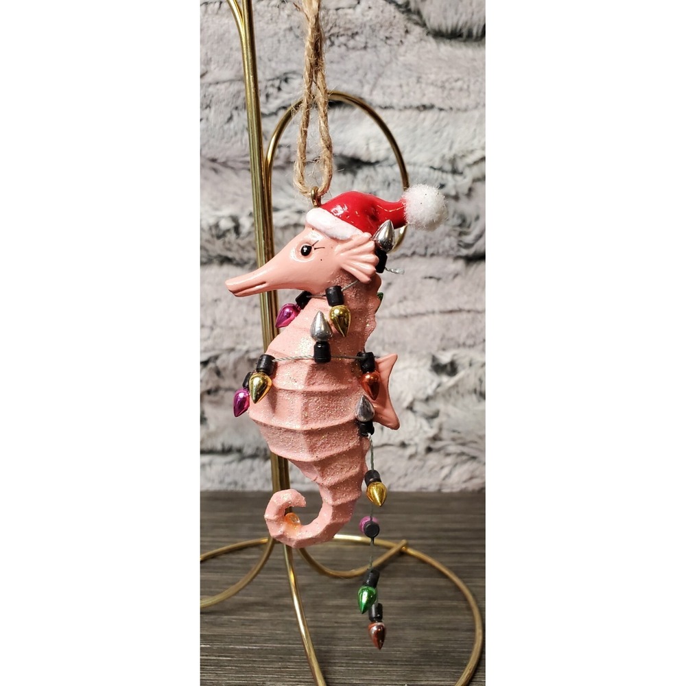 PINK GLITTER SEAHORSE 4" MCM Kitschy Christmas Ornament In Faux Lights Santa Hat